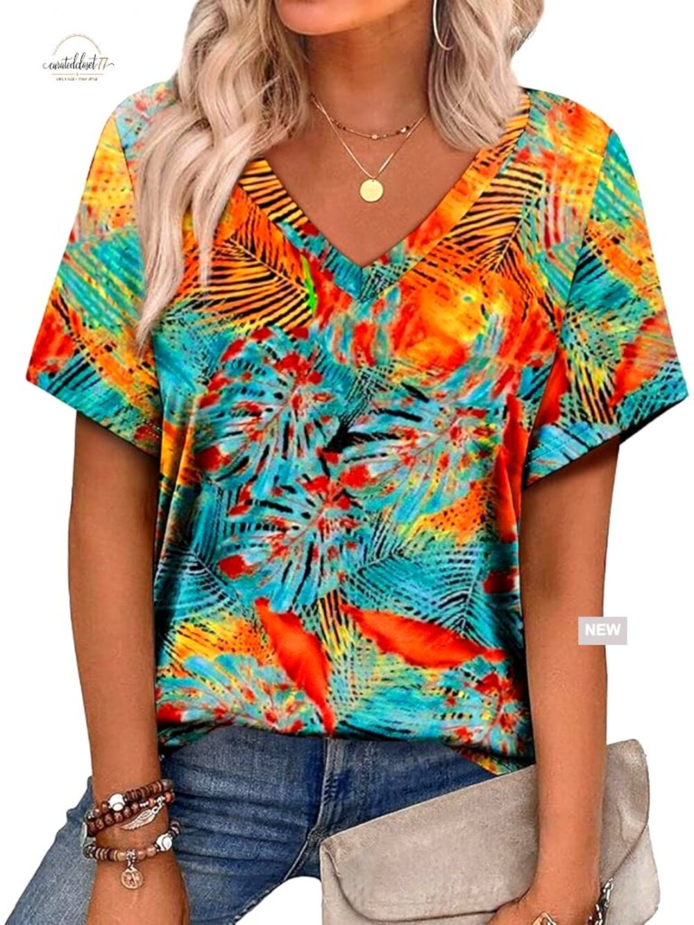 V-Neck Short Sleeve T-Shirt, Lightweight Polyester Blend, Summer Casual Top